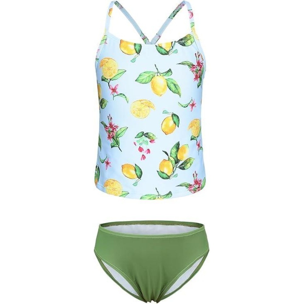 Aisyee Girls Tankini Swimsuit Set‎ Lemon Print Green Swimwear Kids Size 15/16